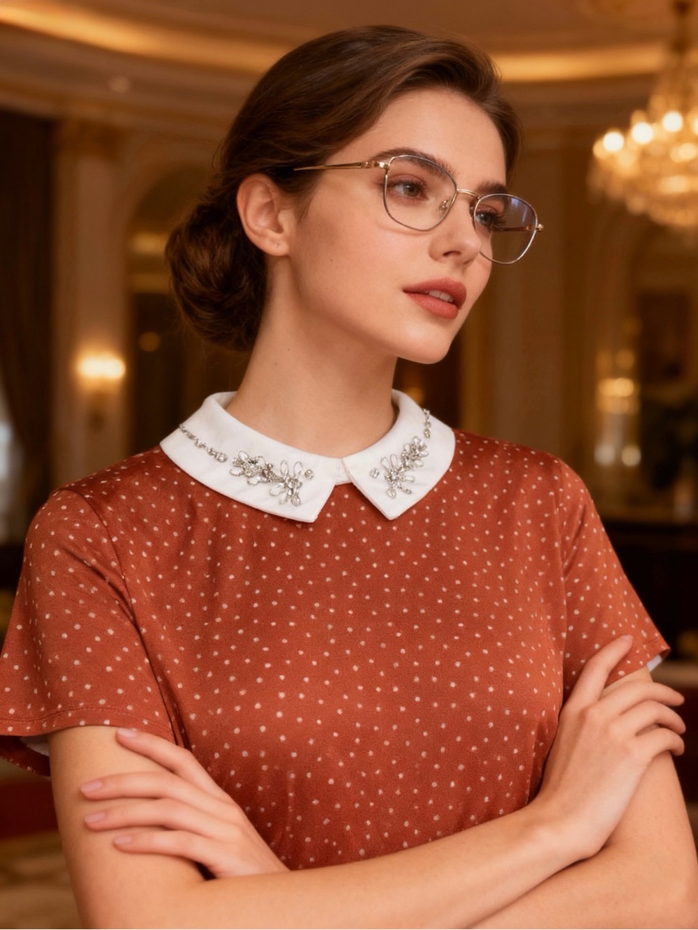 Embellished White Peter Pan Collar Rust Polka Dot Blouse